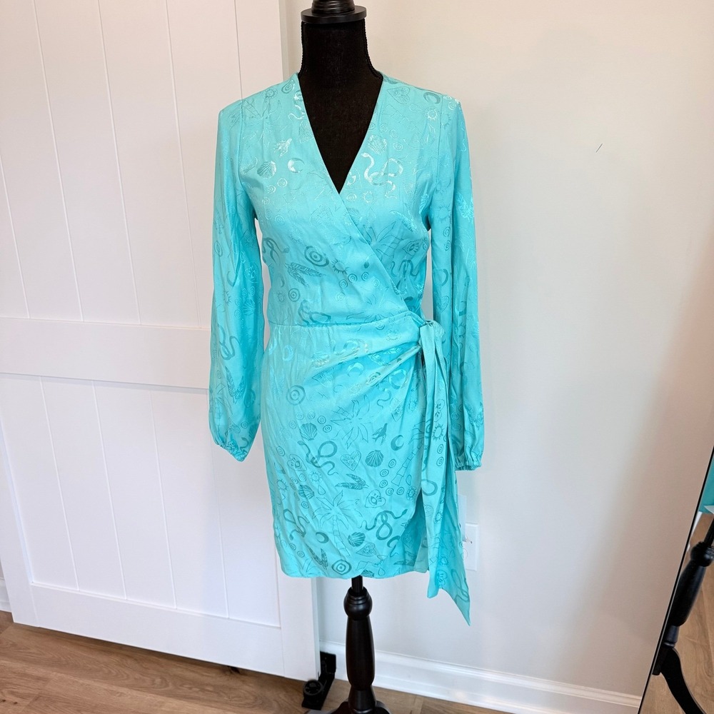 NWT Never Fully Dressed Blue Shell Jacquard Wrap Mini Dress NWT US 2 NFDR2139